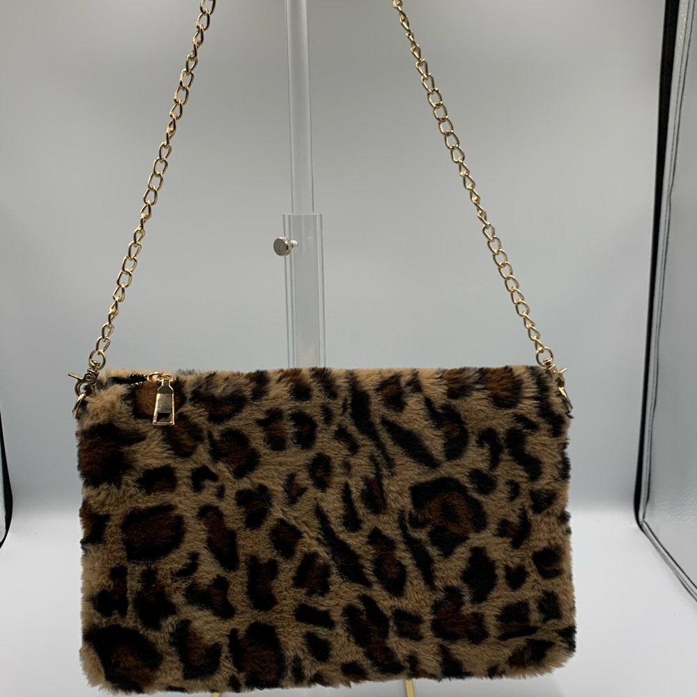 Leopard Print Faux Fur Chain Shoulder Bag